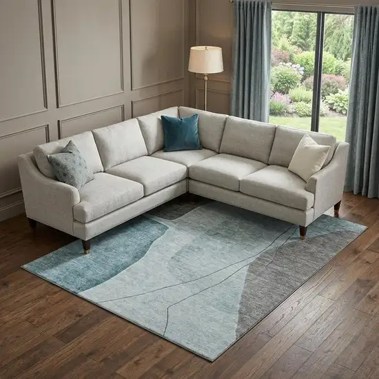Teal Gray And Ivory Abstract Washable Area Rug With UV Protection Photo 1