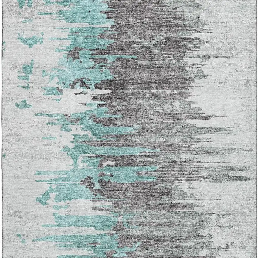 Teal Gray And Ivory Abstract Washable Area Rug With UV Protection Photo 3