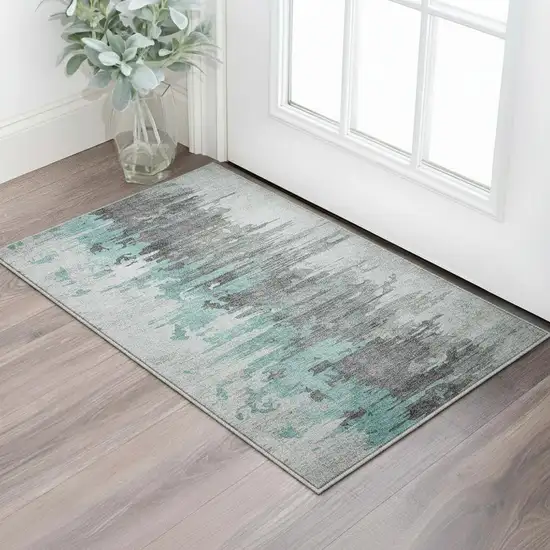 Teal Gray And Ivory Abstract Washable Area Rug With UV Protection Photo 2