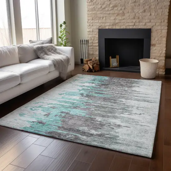 Teal Gray And Ivory Abstract Washable Area Rug With UV Protection Photo 4