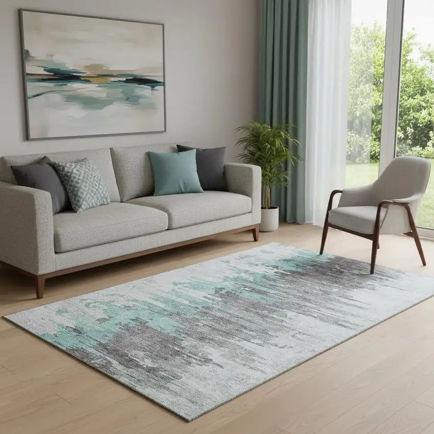 Teal Gray And Ivory Abstract Washable Area Rug With UV Protection Photo 1