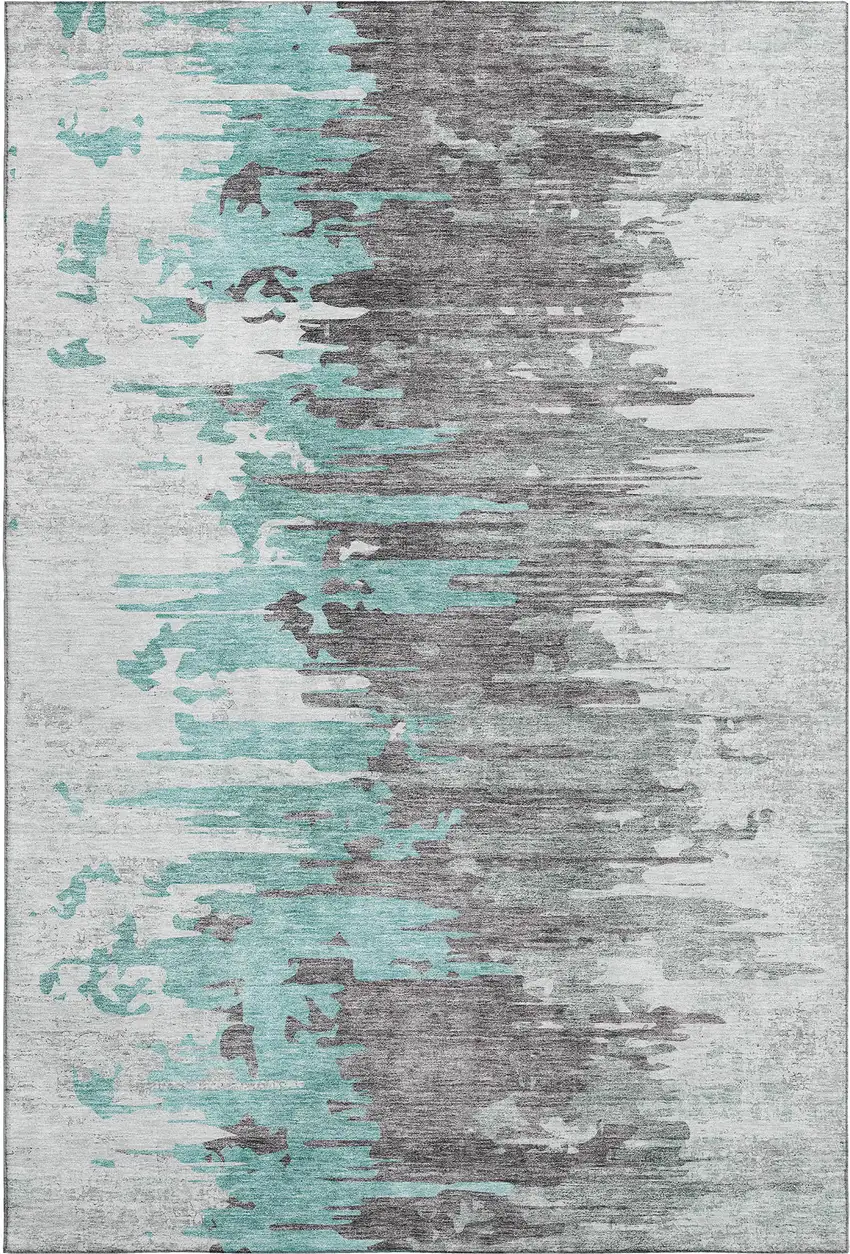 Teal Gray And Ivory Abstract Washable Area Rug With UV Protection Photo 2