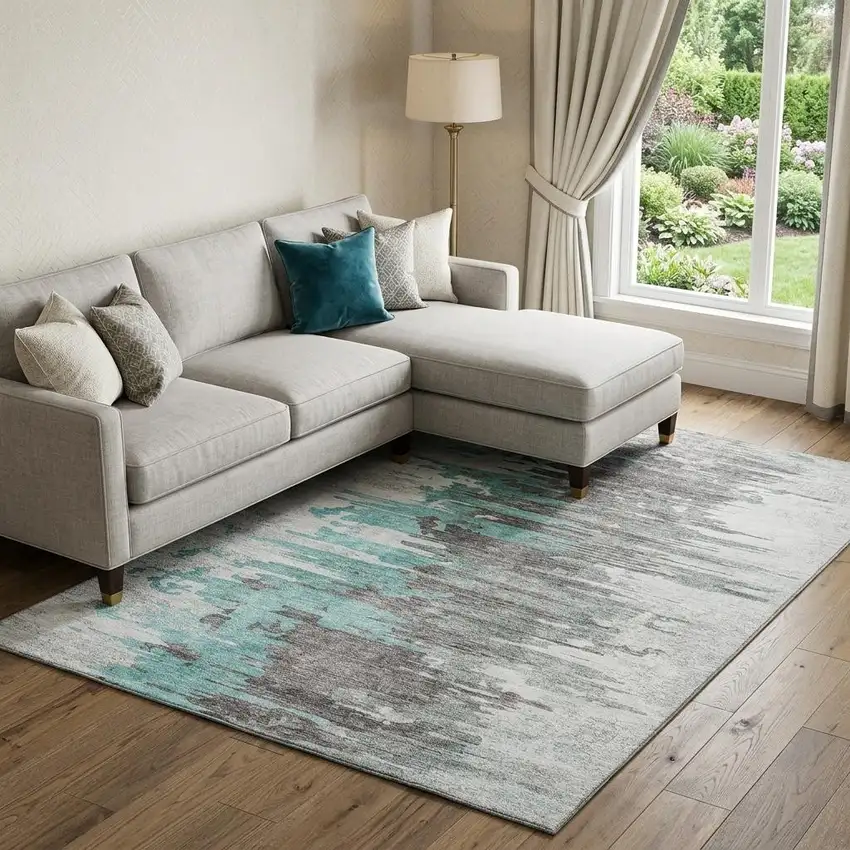 Teal Gray And Ivory Abstract Washable Area Rug With UV Protection Photo 1