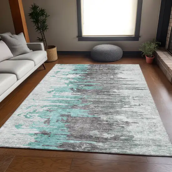 Teal Gray And Ivory Abstract Washable Area Rug With UV Protection Photo 5