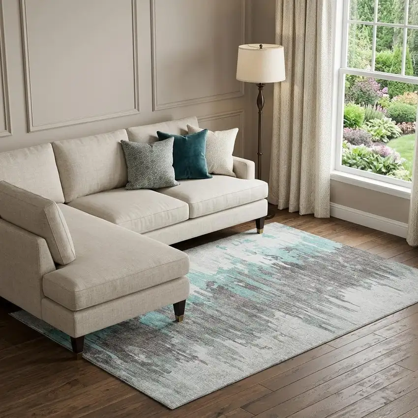 Teal Gray And Ivory Abstract Washable Area Rug With UV Protection Photo 1