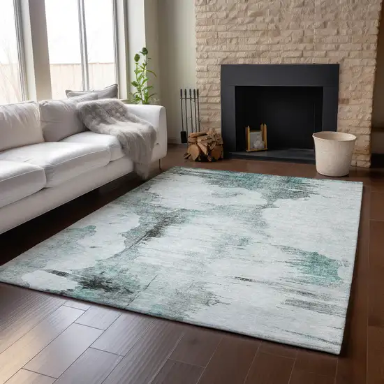 Teal Gray And Ivory Abstract Washable Area Rug With UV Protection Photo 6