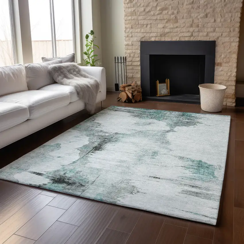 Teal Gray And Ivory Abstract Washable Area Rug With UV Protection Photo 6