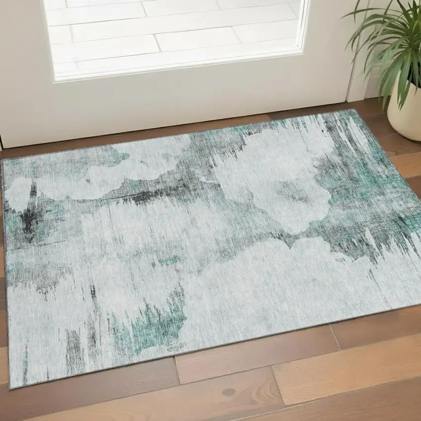 Teal Gray And Ivory Abstract Washable Area Rug With UV Protection Photo 1