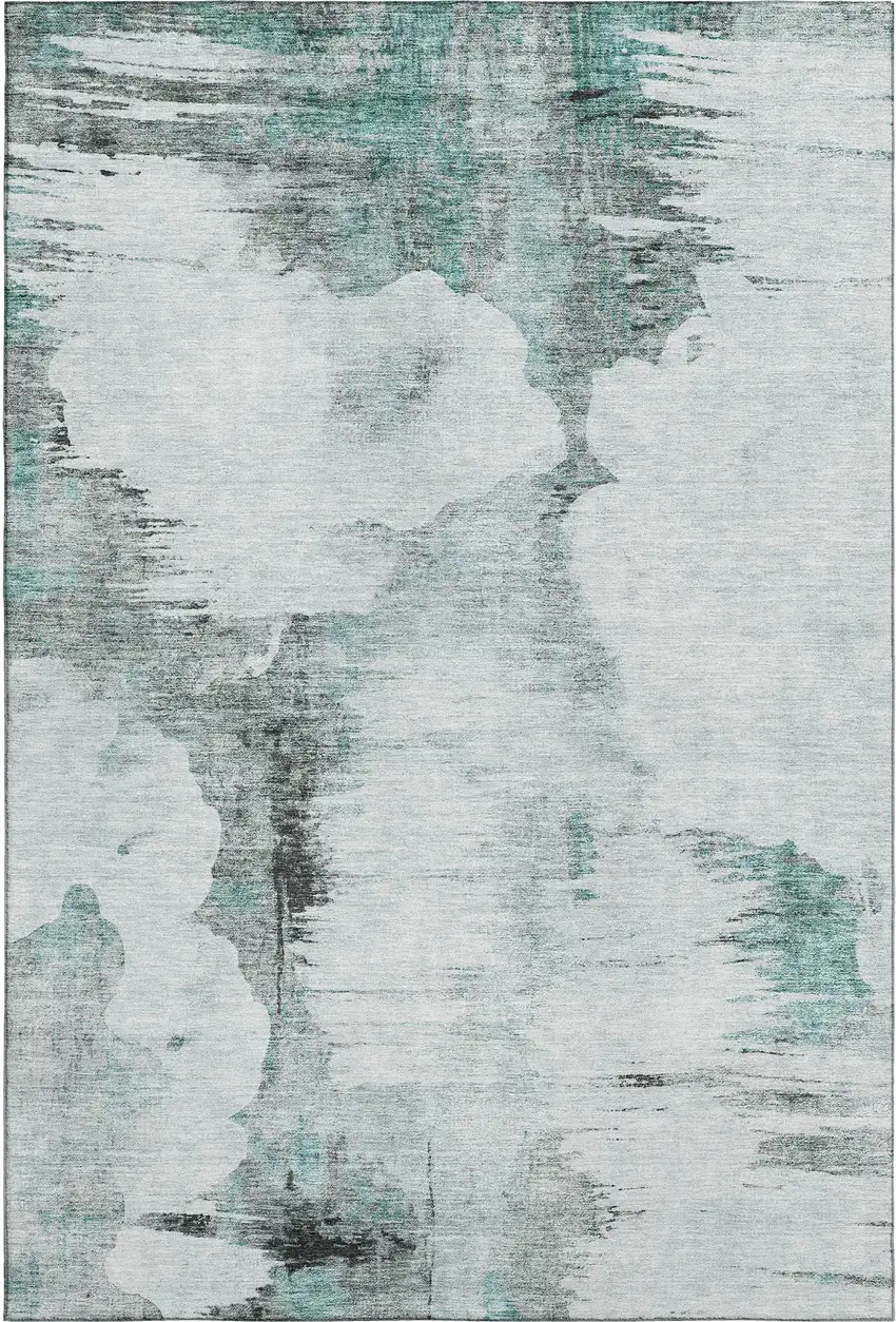 Teal Gray And Ivory Abstract Washable Area Rug With UV Protection Photo 1