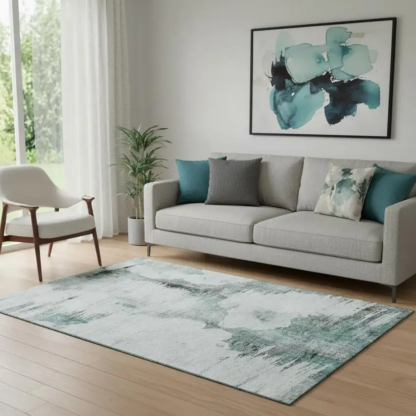 Teal Gray And Ivory Abstract Washable Area Rug With UV Protection Photo 1