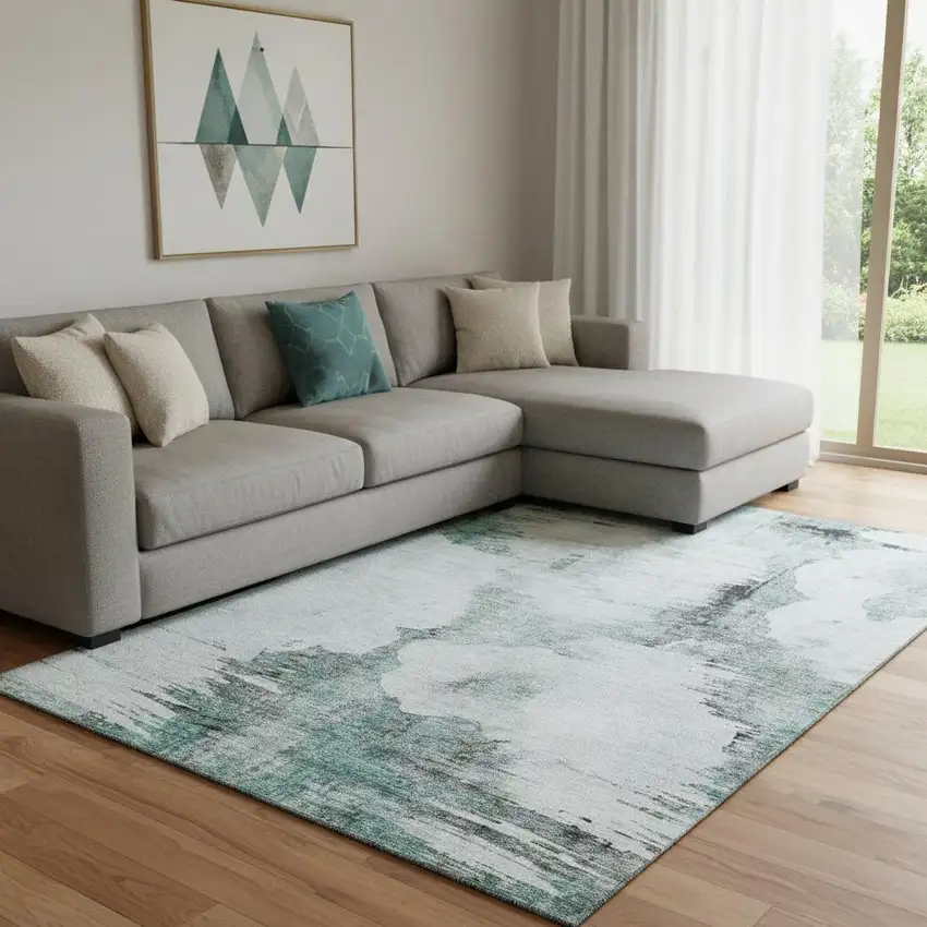 Teal Gray And Ivory Abstract Washable Area Rug With UV Protection Photo 1