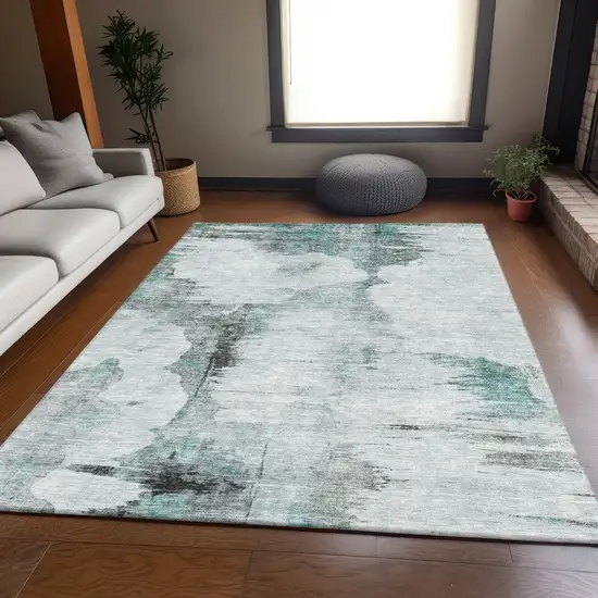 Teal Gray And Ivory Abstract Washable Area Rug With UV Protection Photo 5