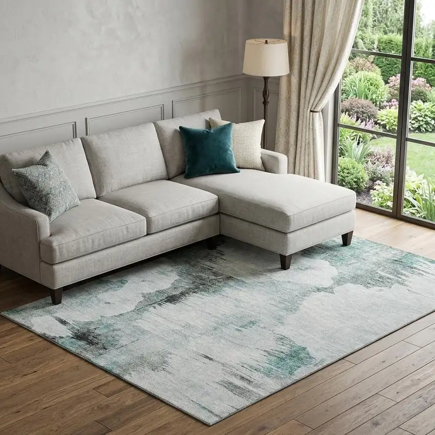 Teal Gray And Ivory Abstract Washable Area Rug With UV Protection Photo 1