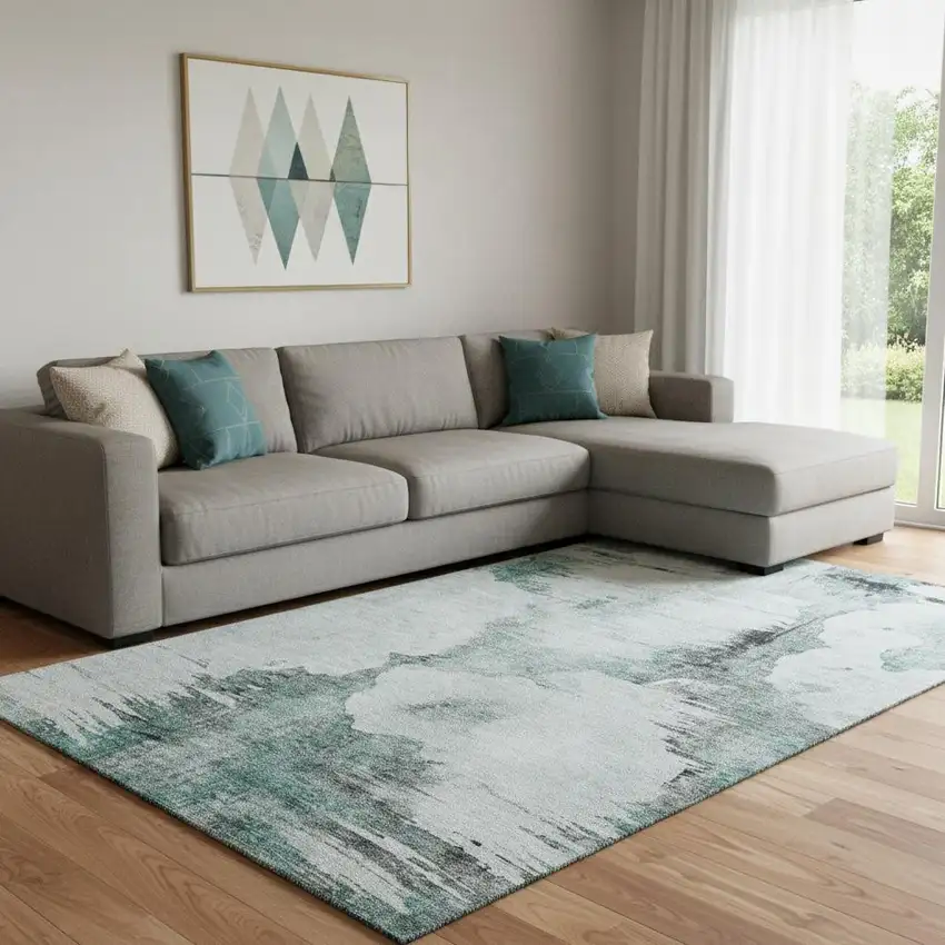 Teal Gray And Ivory Abstract Washable Area Rug With UV Protection Photo 1