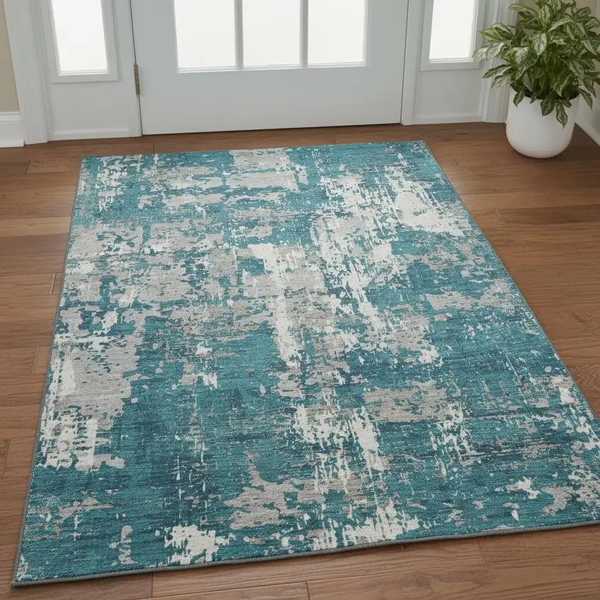 Teal Gray And Ivory Abstract Washable Area Rug With UV Protection Photo 2
