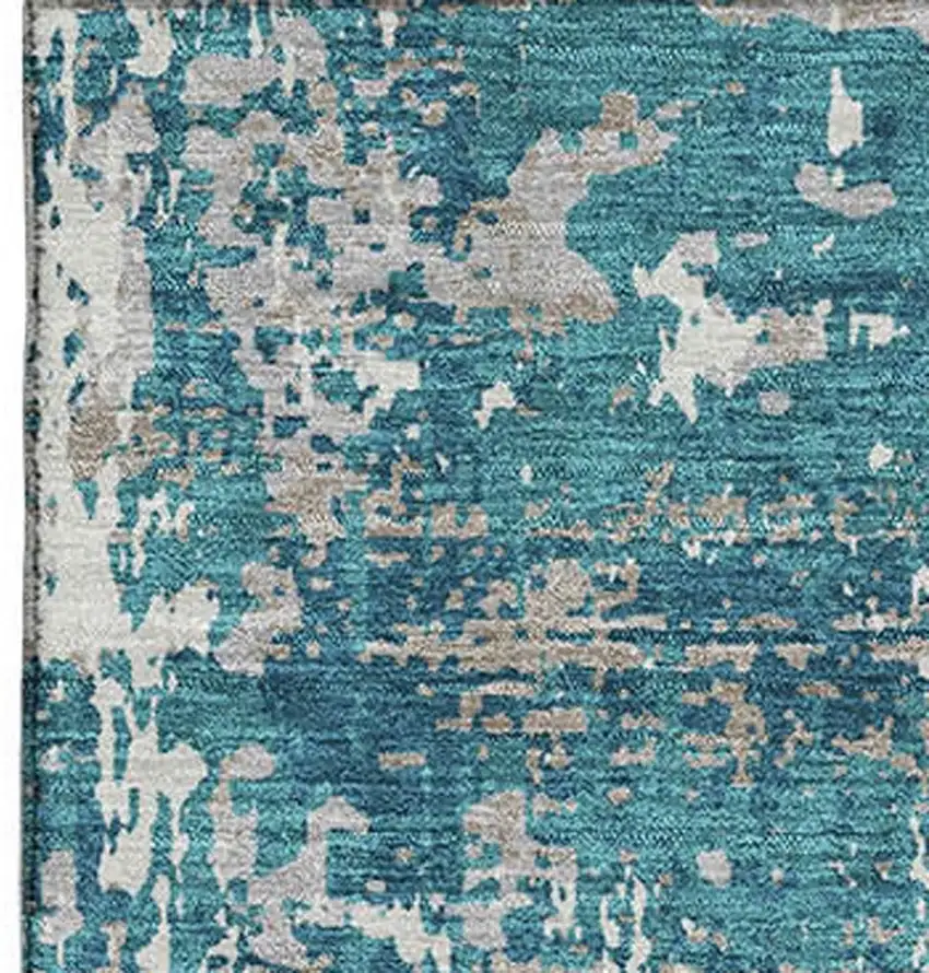 Teal Gray And Ivory Abstract Washable Area Rug With UV Protection Photo 2