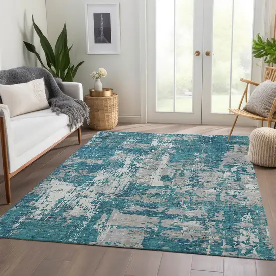Teal Gray And Ivory Abstract Washable Area Rug With UV Protection Photo 5
