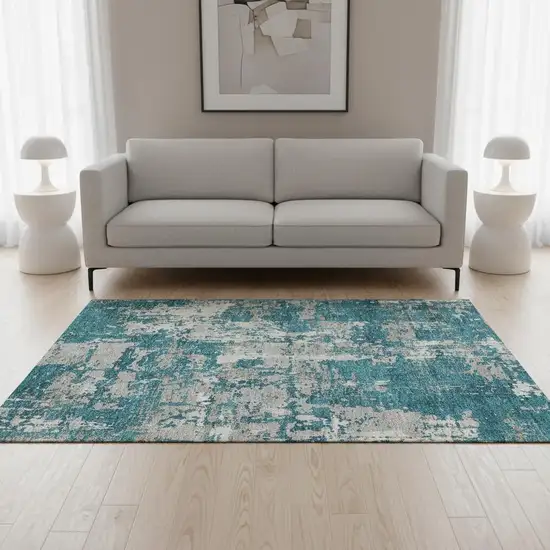 Teal Gray And Ivory Abstract Washable Area Rug With UV Protection Photo 2