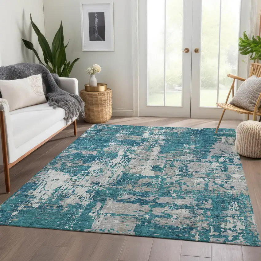 Teal Gray And Ivory Abstract Washable Area Rug With UV Protection Photo 5