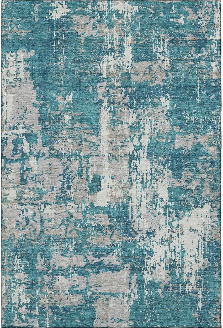 Teal Gray And Ivory Abstract Washable Area Rug With UV Protection Photo 3