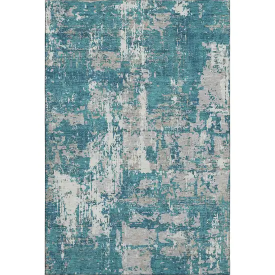 Teal Gray And Ivory Abstract Washable Area Rug With UV Protection Photo 1
