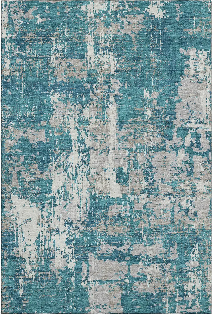 Teal Gray And Ivory Abstract Washable Area Rug With UV Protection Photo 1