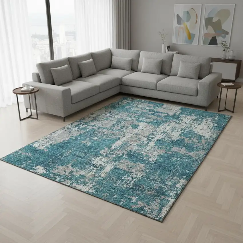 Teal Gray And Ivory Abstract Washable Area Rug With UV Protection Photo 2