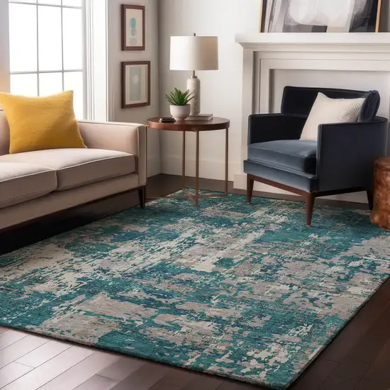 Teal Gray And Ivory Abstract Washable Area Rug With UV Protection Photo 4