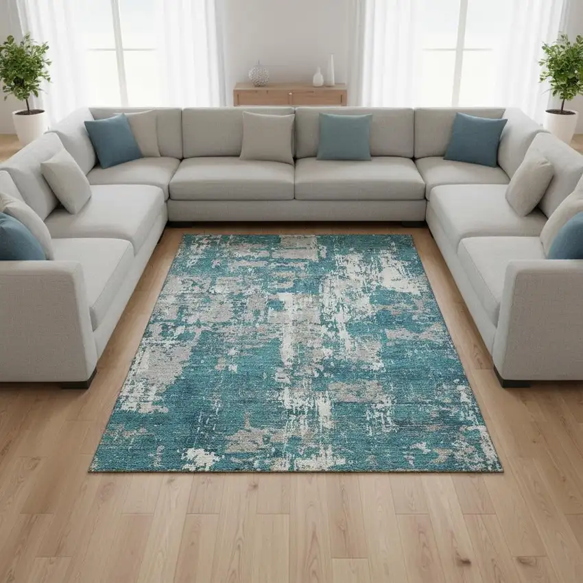 Teal Gray And Ivory Abstract Washable Area Rug With UV Protection Photo 2