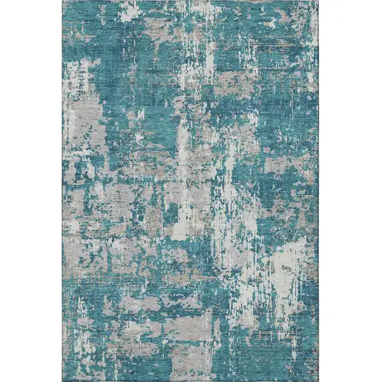Teal Gray And Ivory Abstract Washable Area Rug With UV Protection Photo 3