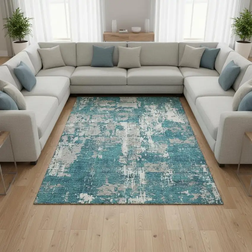 Teal Gray And Ivory Abstract Washable Area Rug With UV Protection Photo 2