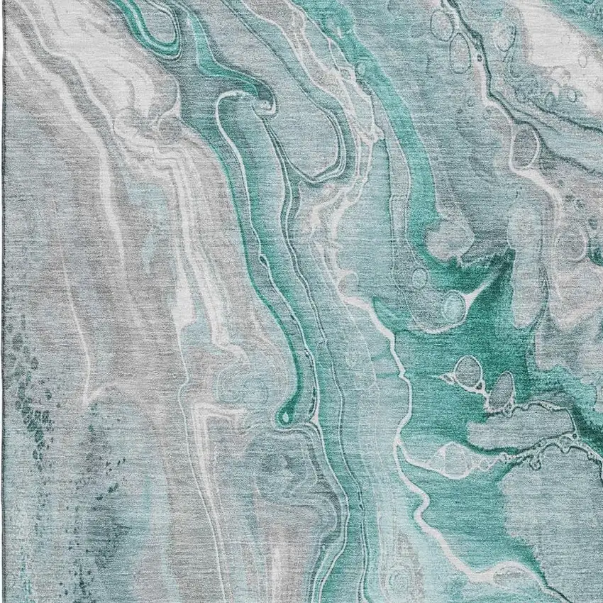Teal Gray And Ivory Abstract Washable Area Rug With UV Protection Photo 2