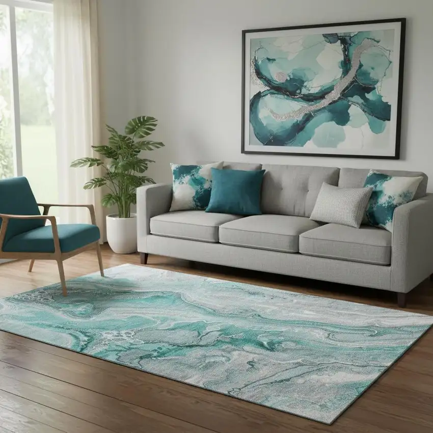 Teal Gray And Ivory Abstract Washable Area Rug With UV Protection Photo 2