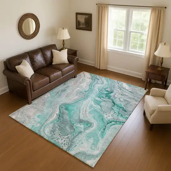 Teal Gray And Ivory Abstract Washable Area Rug With UV Protection Photo 3