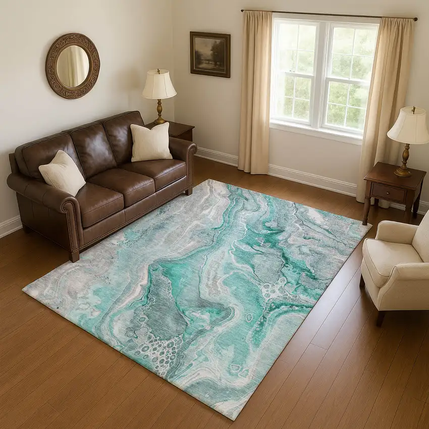 Teal Gray And Ivory Abstract Washable Area Rug With UV Protection Photo 3