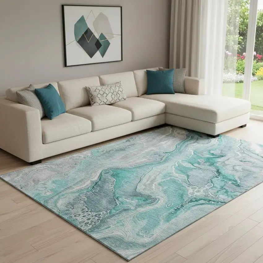 Teal Gray And Ivory Abstract Washable Area Rug With UV Protection Photo 2