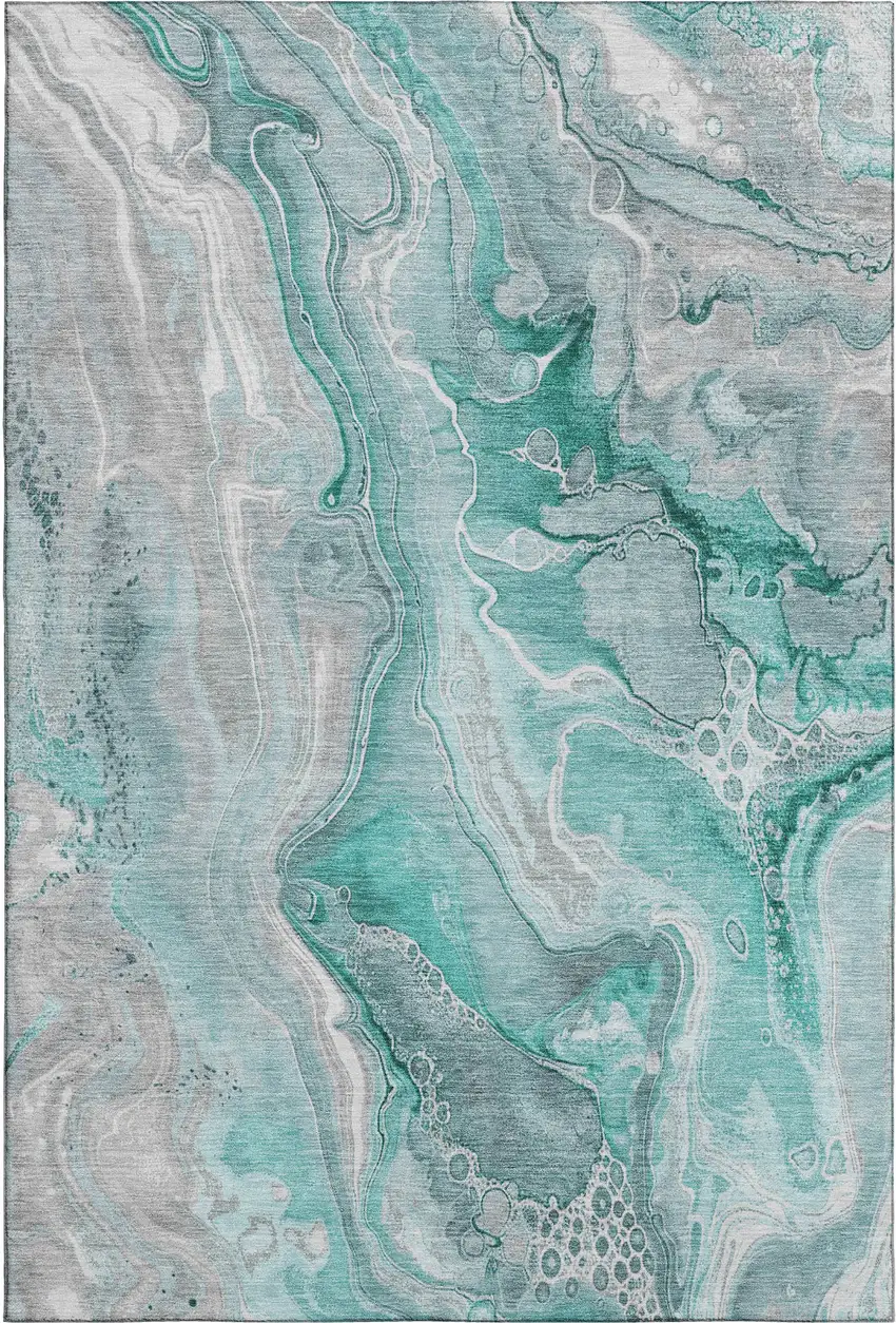 Teal Gray And Ivory Abstract Washable Area Rug With UV Protection Photo 1