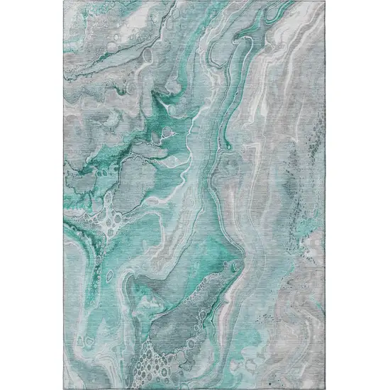 Teal Gray And Ivory Abstract Washable Area Rug With UV Protection Photo 3