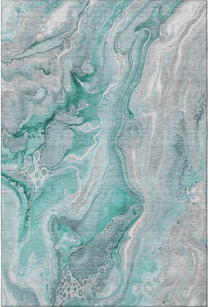 Teal Gray And Ivory Abstract Washable Area Rug With UV Protection Photo 3