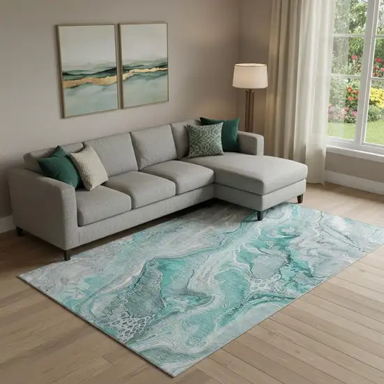 Teal Gray And Ivory Abstract Washable Area Rug With UV Protection Photo 2