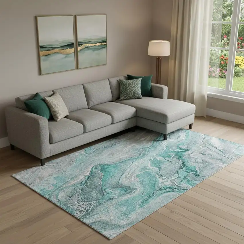 Teal Gray And Ivory Abstract Washable Area Rug With UV Protection Photo 2