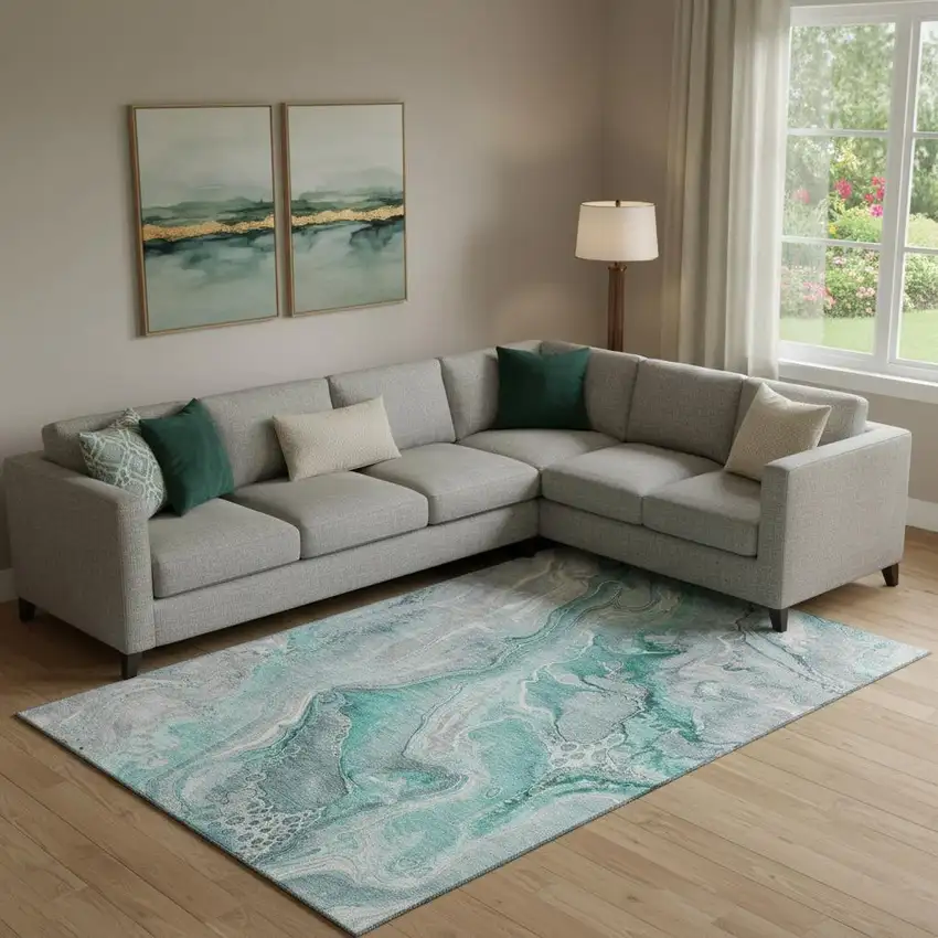 Teal Gray And Ivory Abstract Washable Area Rug With UV Protection Photo 2