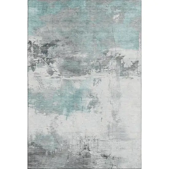 Teal Gray And Ivory Abstract Washable Area Rug With UV Protection Photo 1