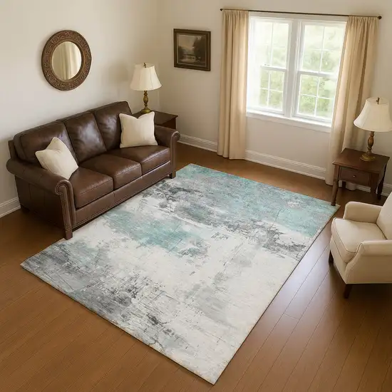Teal Gray And Ivory Abstract Washable Area Rug With UV Protection Photo 3