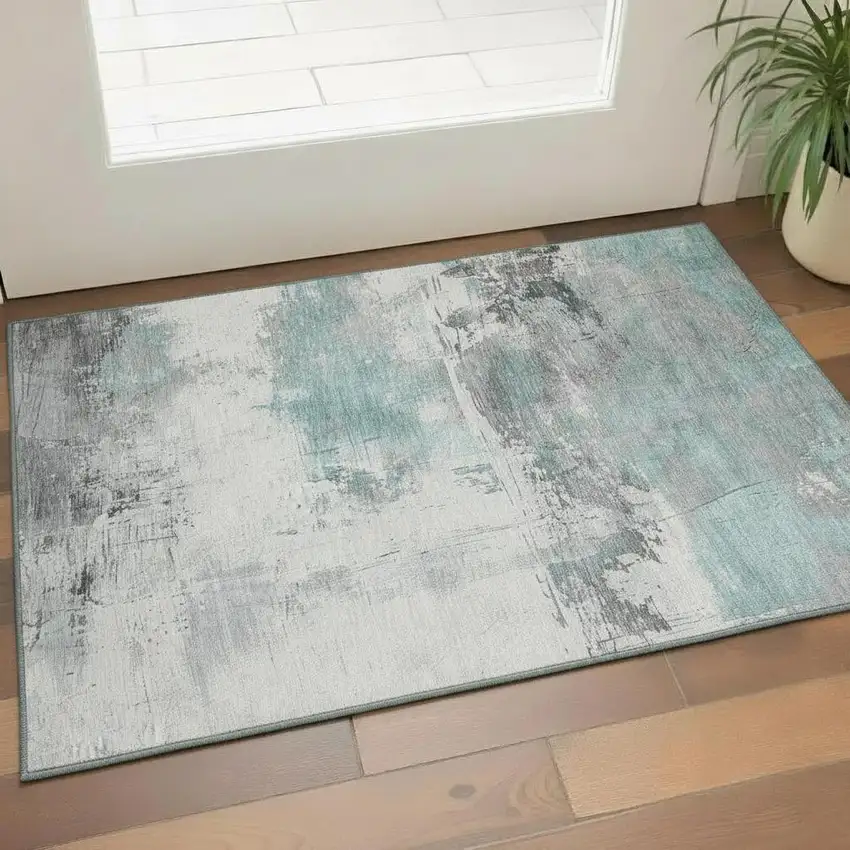 Teal Gray And Ivory Abstract Washable Area Rug With UV Protection Photo 2
