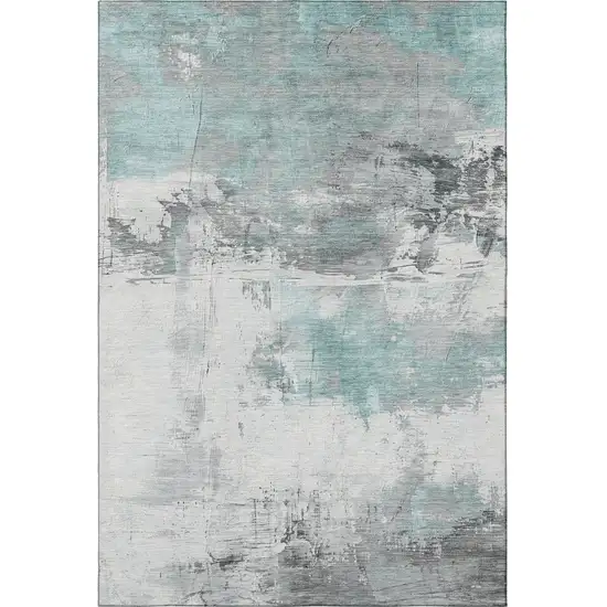 Teal Gray And Ivory Abstract Washable Area Rug With UV Protection Photo 2