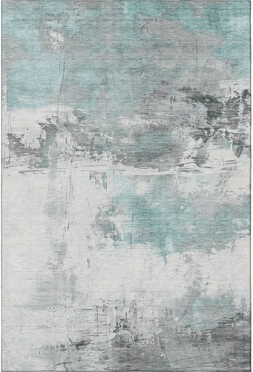 Teal Gray And Ivory Abstract Washable Area Rug With UV Protection Photo 2