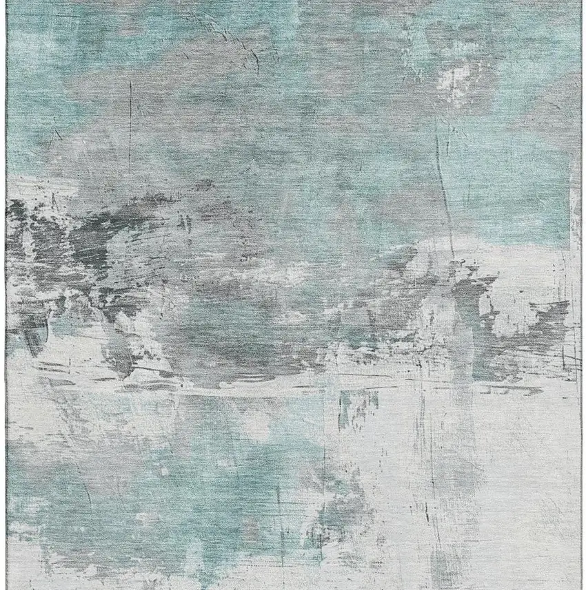 Teal Gray And Ivory Abstract Washable Area Rug With UV Protection Photo 3