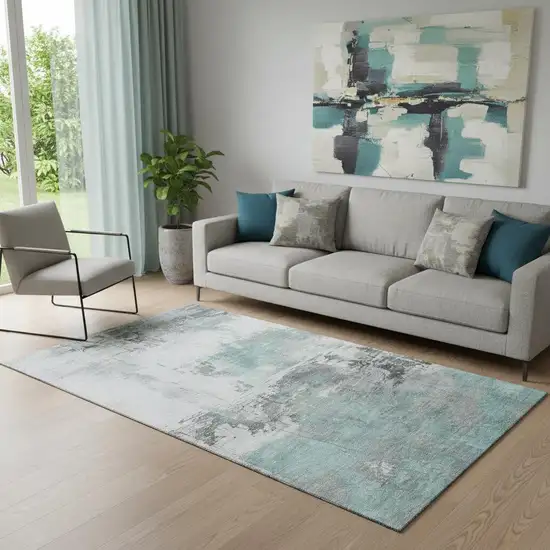 Teal Gray And Ivory Abstract Washable Area Rug With UV Protection Photo 2
