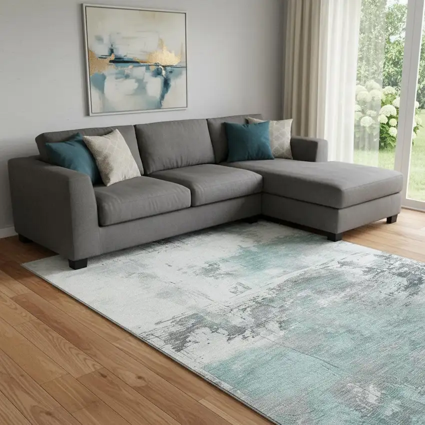 Teal Gray And Ivory Abstract Washable Area Rug With UV Protection Photo 2